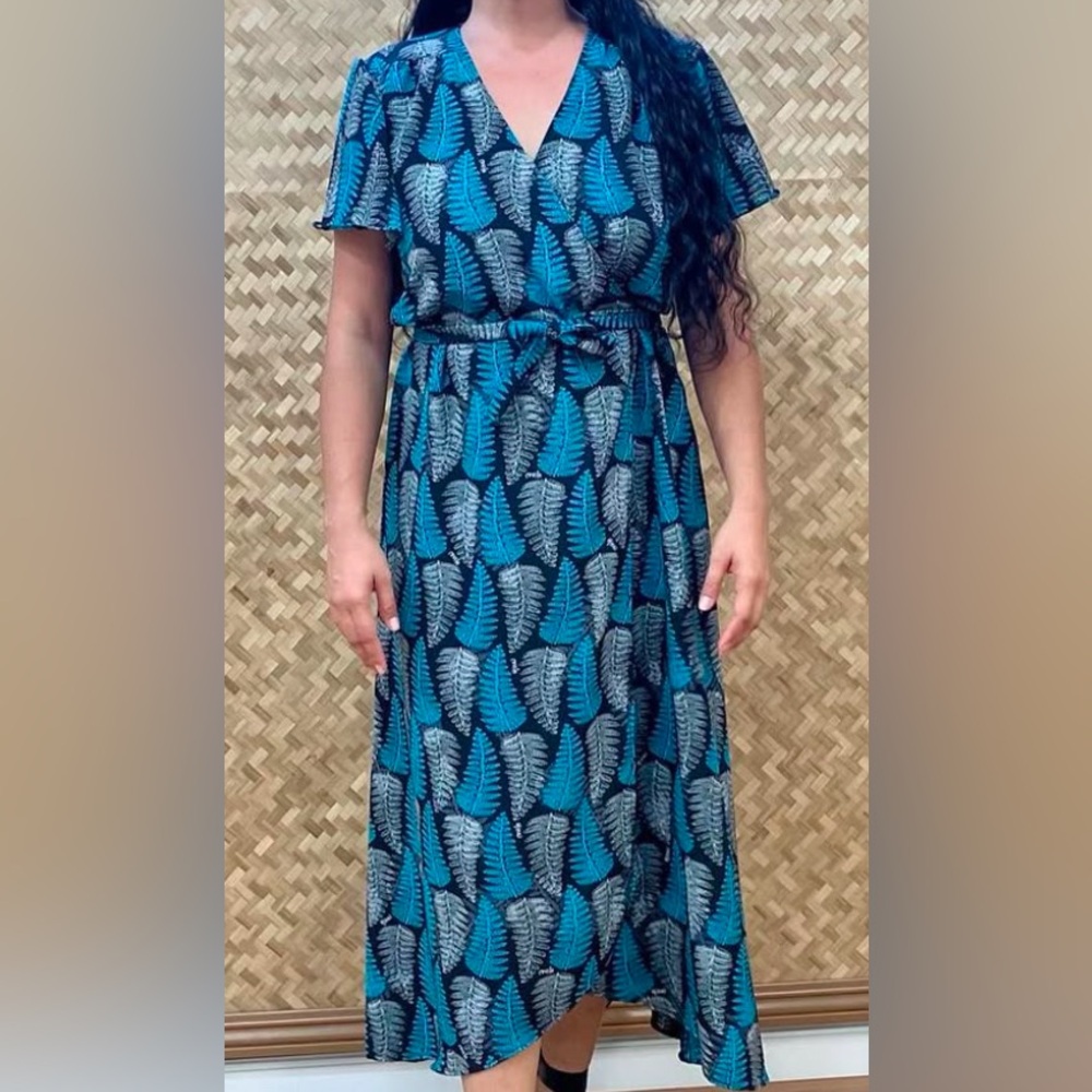 Hina Kowelo wrap dress brown and white fern print